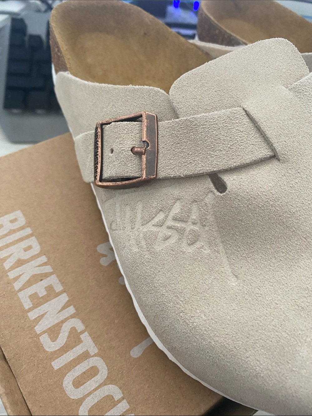 Birkenstock Beige Suede Clogs with Rose Gold Buckles - Picture 3 of 8